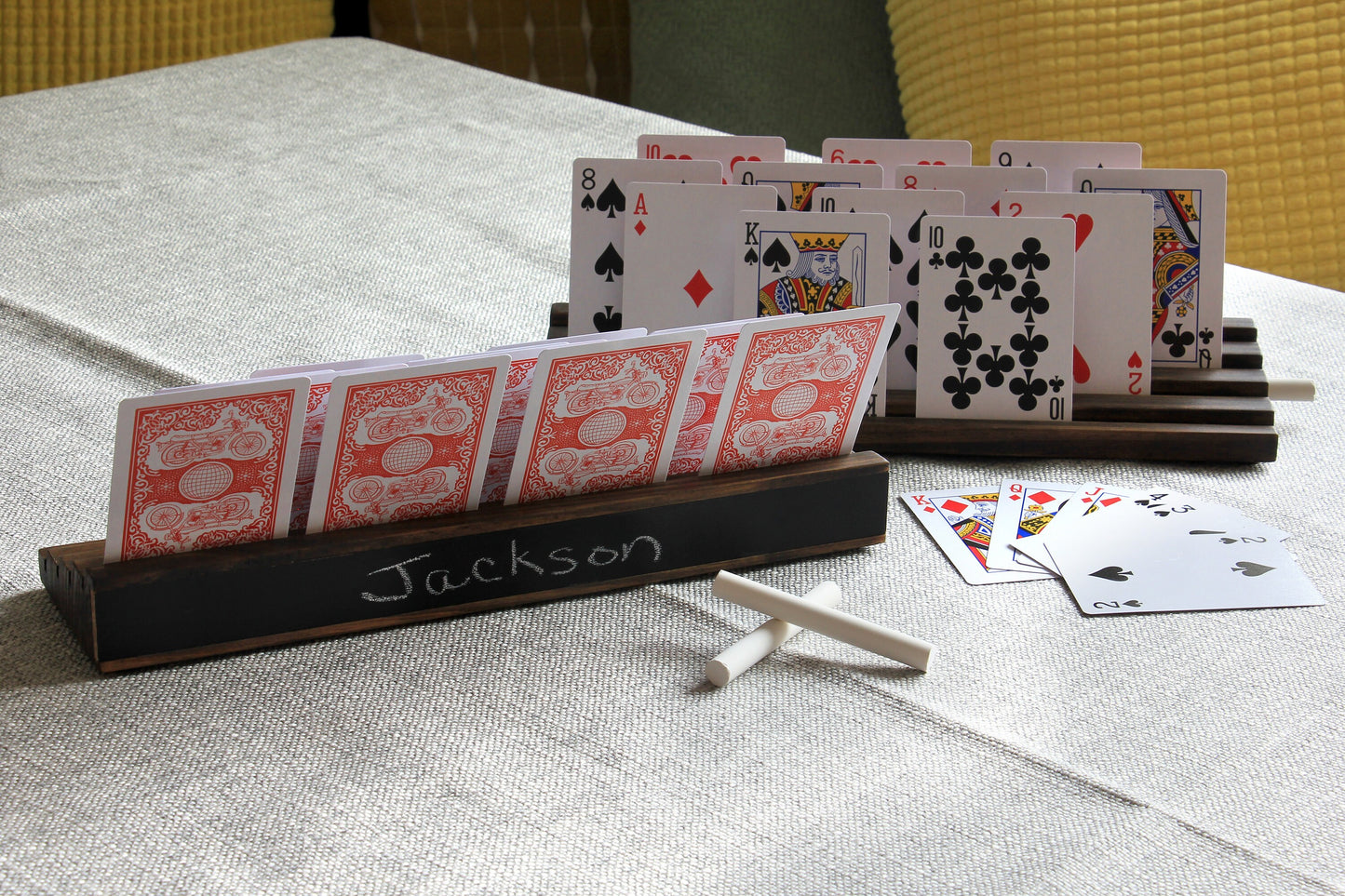 Wooden Playing Card Holders with Chalkboard Panel – Set of 2 - Curved Angles Studio
