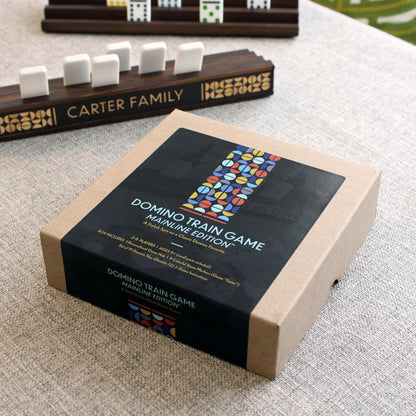 Deluxe Domino Train Game Set – Mainline™ Edition w/ Personalized Hub, Dominoes, Trains, Box & Racks - Curved Angles Studio