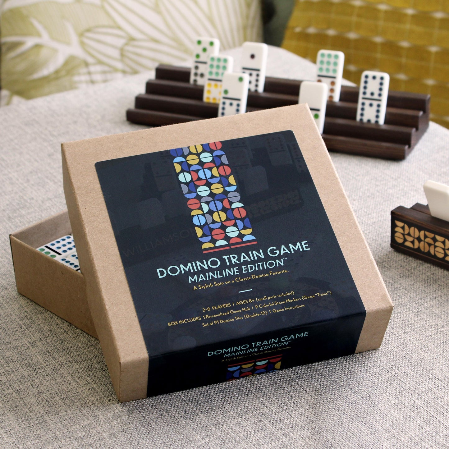 Deluxe Domino Train Game Set – Mainline™ Edition w/ Personalized Hub, Dominoes, Trains, Box & Racks - Curved Angles Studio