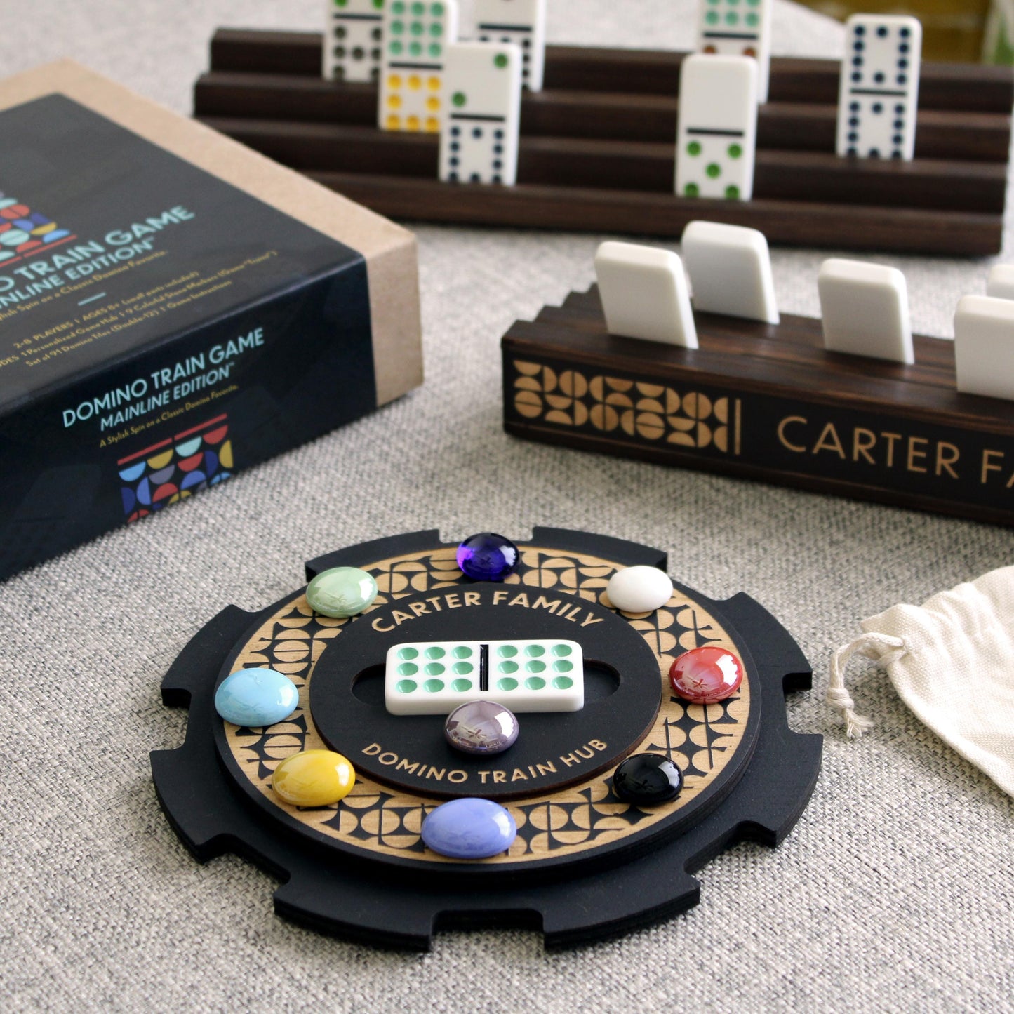 Deluxe Domino Train Game Set – Mainline™ Edition w/ Personalized Hub, Dominoes, Trains, Box & Racks - Curved Angles Studio