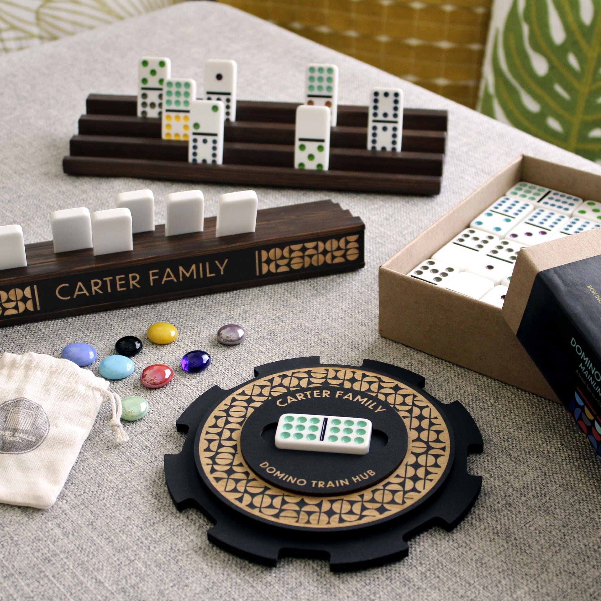 Deluxe Domino Train Game Set – Mainline™ Edition w/ Personalized Hub, Dominoes, Trains, Box & Racks - Curved Angles Studio