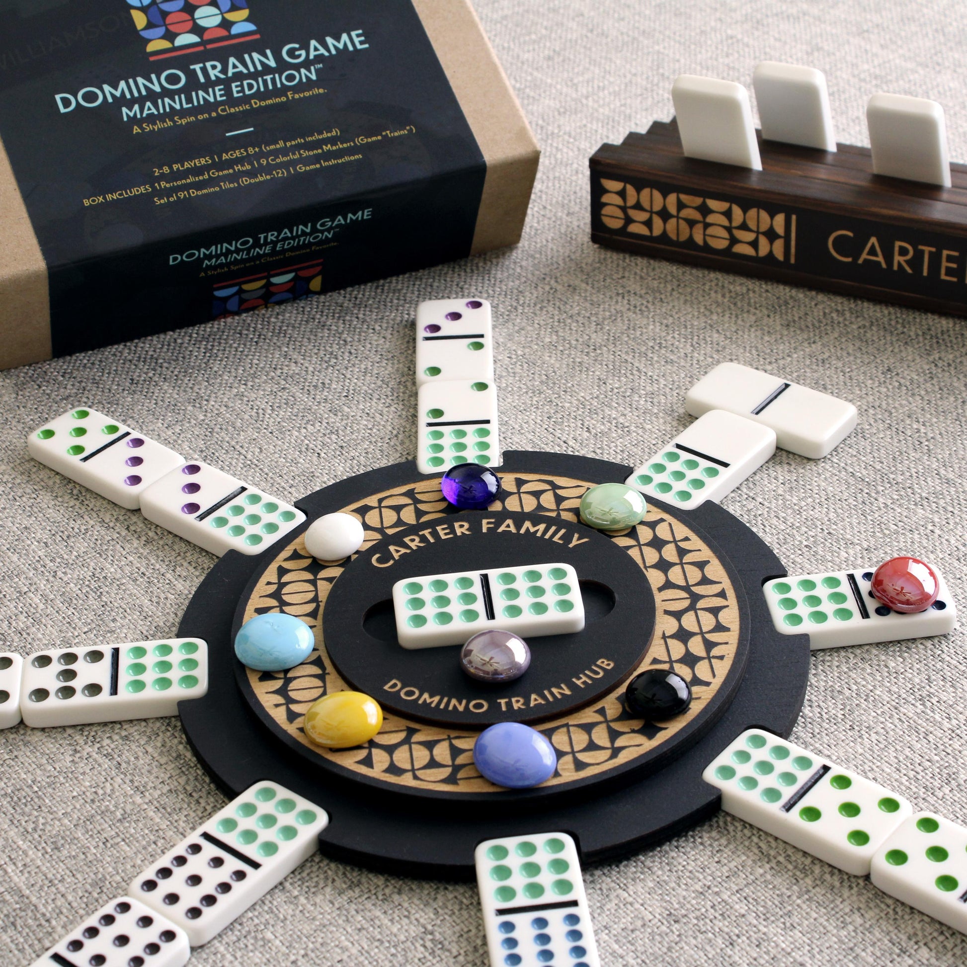 Deluxe Domino Train Game Set – Mainline™ Edition w/ Personalized Hub, Dominoes, Trains, Box & Racks - Curved Angles Studio