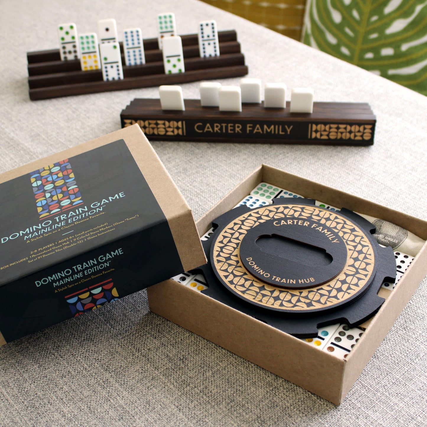 Deluxe Domino Train Game Set – Mainline™ Edition w/ Personalized Hub, Dominoes, Trains, Box & Racks - Curved Angles Studio